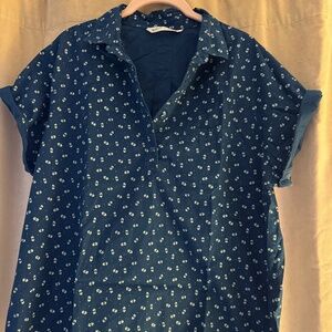 Woolrich Women's Short-sleeve Blue Blouse Half Button Up, Pocket, Roll Sleeve